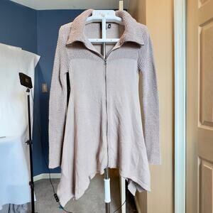 Blue Saks Fifth Ave Tunic Sweater Full Zip High Neck Collar Woman's XS Tan